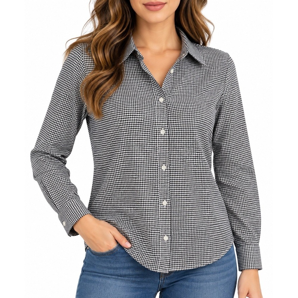 Chaps Classics Womens Houndstooth Button Down Shirt Black White Cotton M